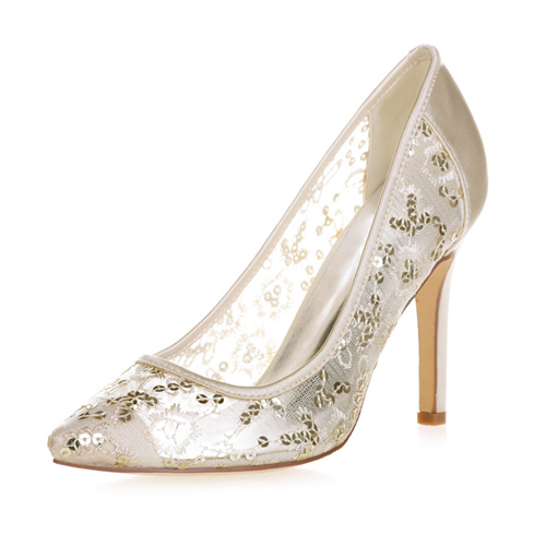 Gold Sheer Lace Sequins Shoes