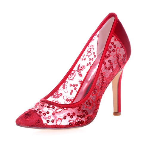 Red Sheer Lace Sequins Shoes