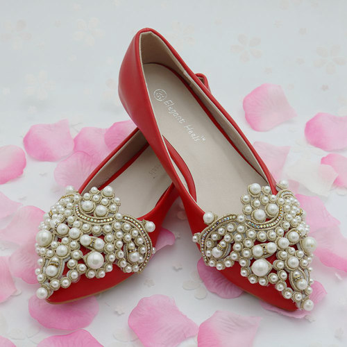 Red Flat Wedding Shoes With Beadings
