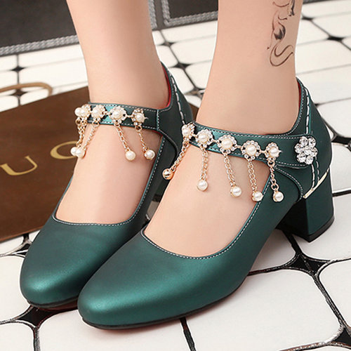 Green Wedding Party Chunky Heels With Pearls