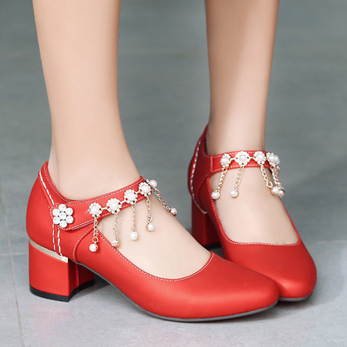 Red Wedding Party Chunky Heels With Pearls