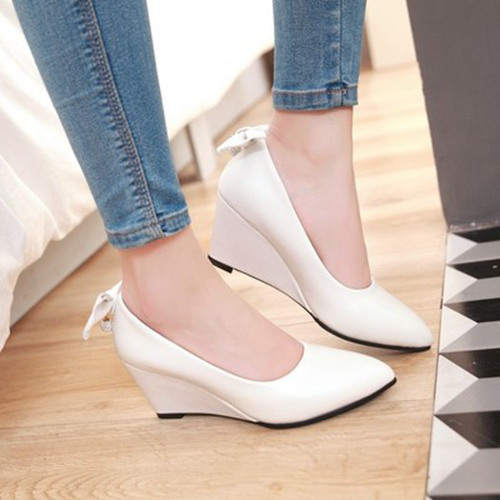 White Wedding Wedge Shoes With Bowknot