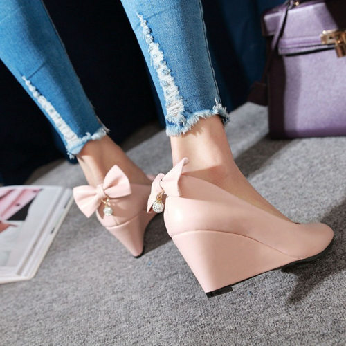 Pink Wedding Wedge Shoes With Bowknot