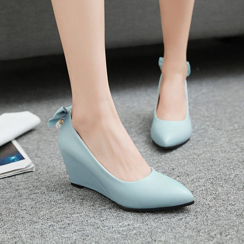 Light Blue Wedding Wedge Shoes With Bowknot