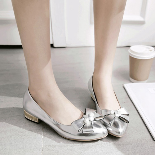 Silver Wedding Bridesmaid Low Heeled With Bowknot Beading