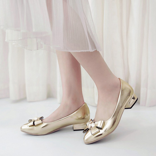 Gold Wedding Bridesmaid Low Heeled With Bowknot Beading