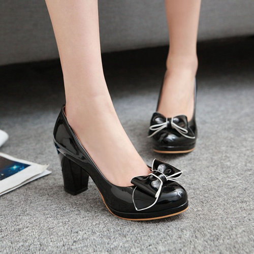 Black Wedding Party Chunky Shoes With Bowknot
