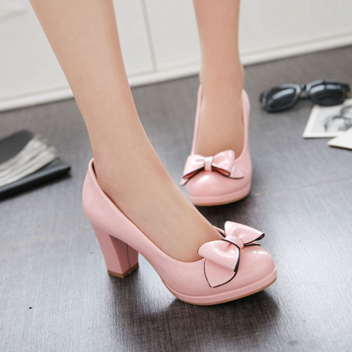 Pink Wedding Party Chunky Shoes With Bowknot