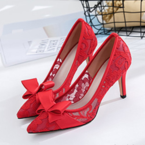 Red Lace Bridal Shoes With Bowknot