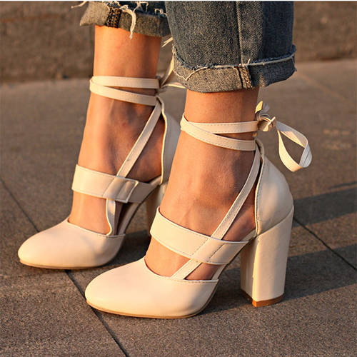 Beige Wedding Party Chunky Heels With Belt