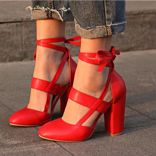 Red Wedding Party Chunky Heels With Belt